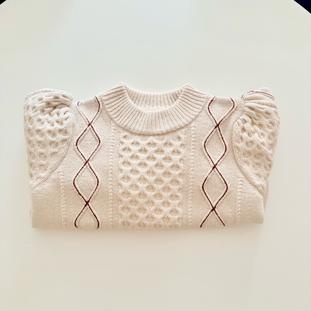 Rails Cream Cable Knit Sweater Burgundy Diamond Stitch Puff Sleeve Knit Top S - Picture 7 of 11